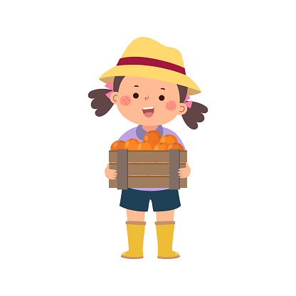 Gardener girl holding wooden box full of fresh oranges