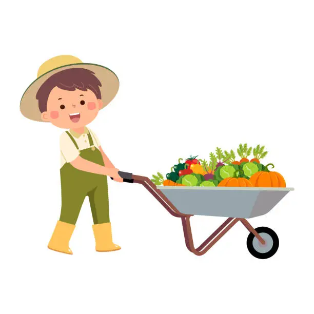 Vector illustration of Little boy gardener pushing wheelbarrow full of vegetables