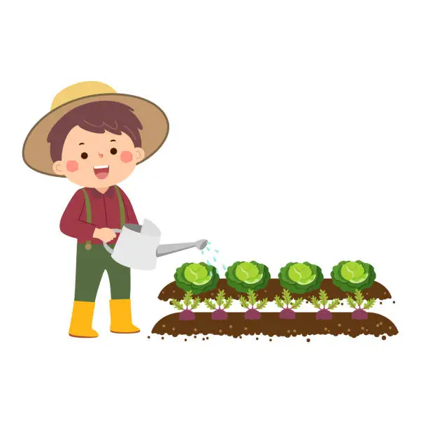 Vector illustration of Little gardener watering vegetables in garden