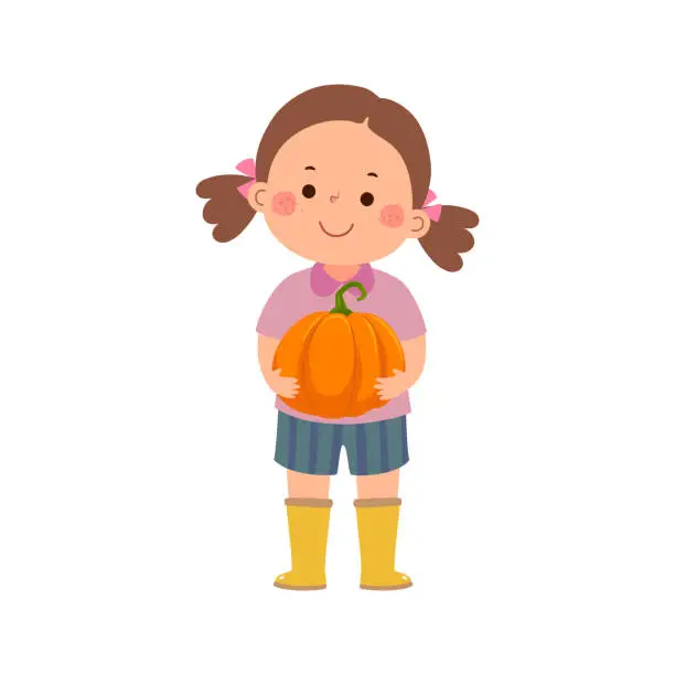 Vector illustration of Little girl farmer holding a large pumpkin in her hands