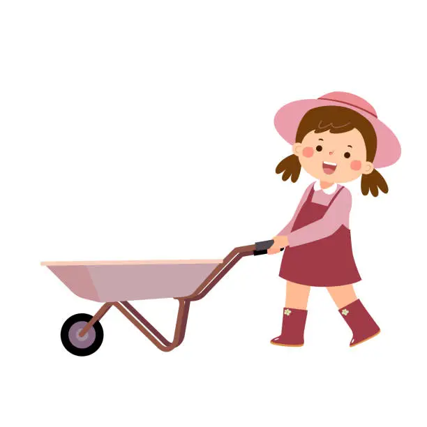 Vector illustration of Little girl gardener pushing empty wheelbarrow