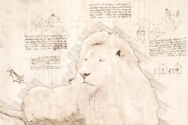 istock Sketch in da Vinci style of laying down white male lion 1965140734