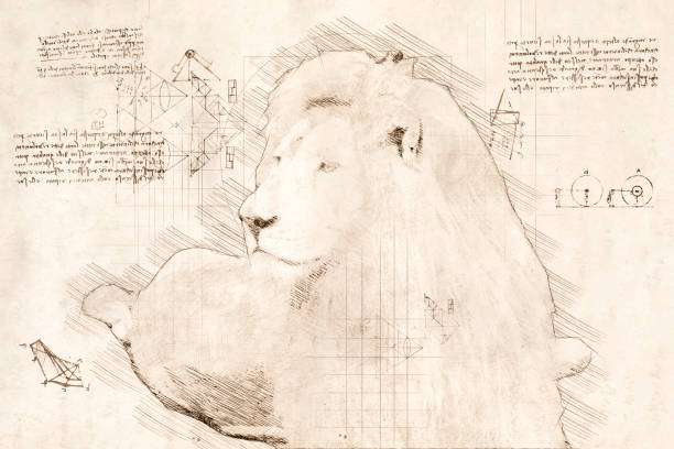 istock Sketch in da Vinci style of relaxing white male lion 1965140738