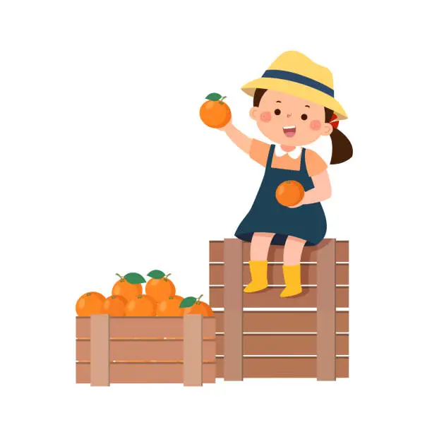 Vector illustration of Little girl sitting on wooden nearby boxes with the harvest of the oranges