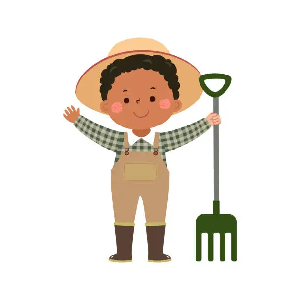 Vector illustration of Little kid farmer holding pitchfork