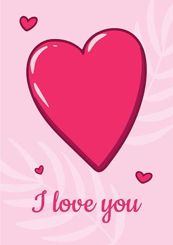 A postcard with a heart and the inscription With love. Pink background and floral ornament. Vector card