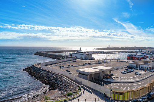 Tarifa harbor port aerial view in Cadiz surf city of Andalusia Spain under blue sunny sky