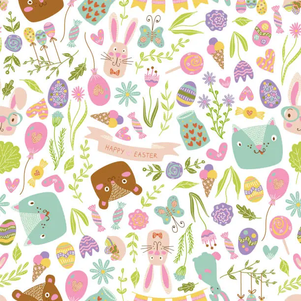 Vector illustration of easter seamless pattern floral spring repeating background easter bunny repeat backdrop pastel happy easter textile tile seamless pattern pastel pink green easter bunny flower holiday wrapping paper