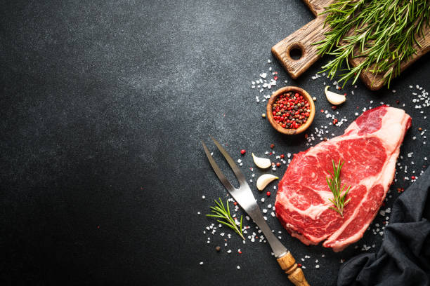istock Beef steak, raw meat on black. 1965182878