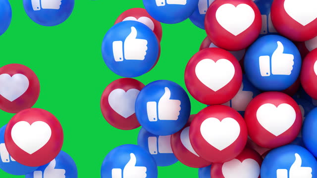 Seamless loop. Social media Live style animated icon on white background. Love heart and thumbs up symbols. Live stream.  Green screen chroma key and luma key included