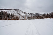 Beautiful winter landscape in cloudy weather, snowmobile tracks in the snow, solo trip to the northern regions of the country, cold winter.