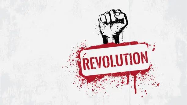 Vector illustration of Fist graffiti with Revolution text on a grunge wall