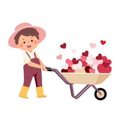 Cartoon little boy pushing wheelbarrow full of hearts. Valentines Day concept.