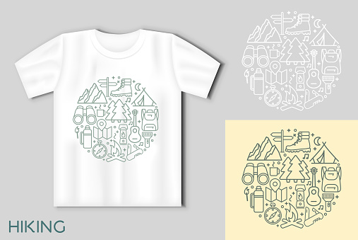 Hiking line icons set. Modern graphic design concepts, simple outline elements collection. Vector line icons in the shape of a circle. Vector concept with t-shirt mockup