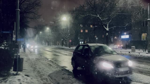Snowing Snow, Street. Passing Cars