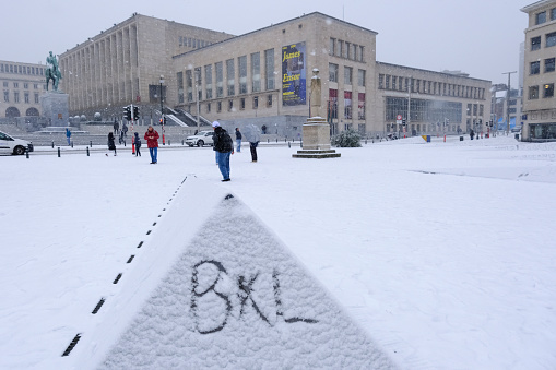 Snow covered streets in central Brussels during a heavy snowfall in Belgium on January 17, 2024.