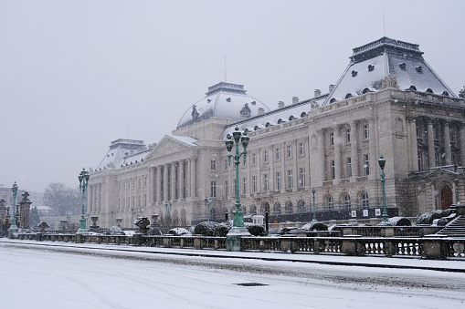 Exterior view of the the Royal Palace  in central Brussels during a heavy snowfall in Belgium on January 17, 2024.