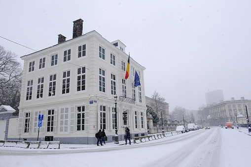 Exterior view of the official headquarters of the Belgian government in central Brussels during a heavy snowfall in Belgium on January 17, 2024.