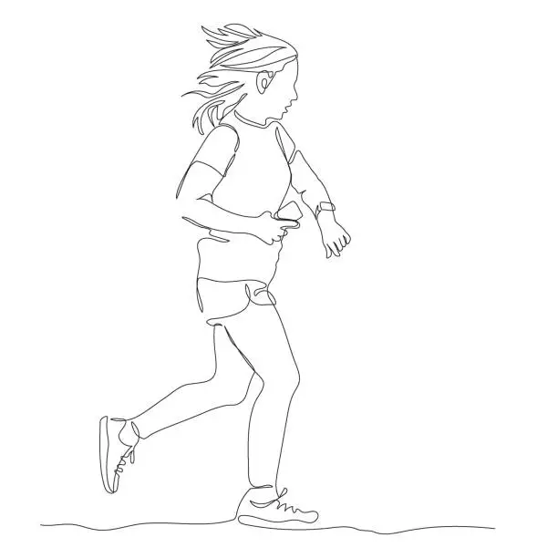 Vector illustration of Woman jogging and checking her smart watch. Holding mobile phone. Continuous line drawing. Hand drawn vector illustration in line art style.