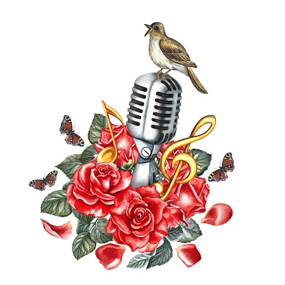 A retro silver microphone decorated with red roses, notes and a nightingale. The watercolor illustration is hand-drawn. For logos, badges, stickers and prints. For postcards, business cards, flyers