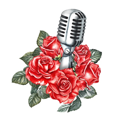 Silver retro microphone decorated with red roses. The watercolor illustration is hand-drawn. Isolate it. For logos, badges, stickers and prints. For postcards, business cards, flyers and posters