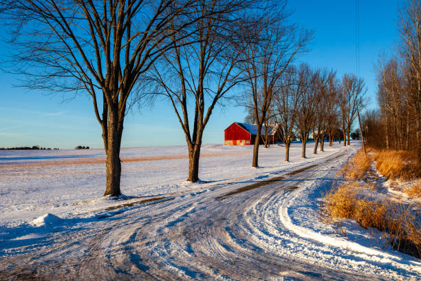 Wisconsin driveway leading to a red barn with snow in January, horizontal