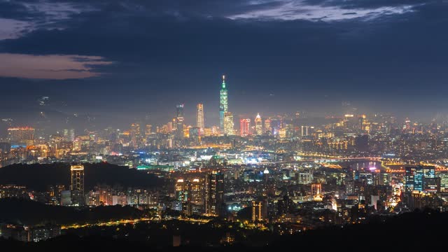 Time-lapse of Taipei skyscrapers and modern buildings. Dusk-to-night time lapse
