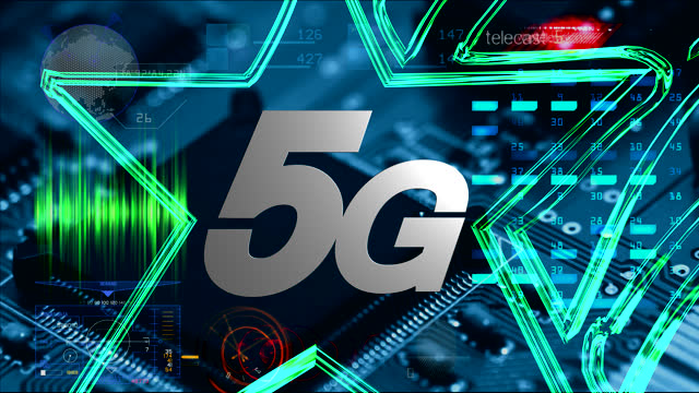 5G text on the background of CPU and smartphone technology