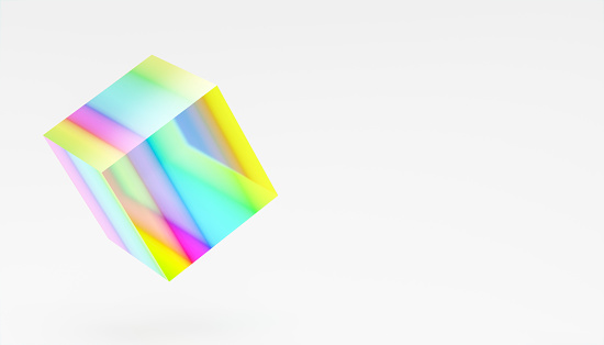 rainbow colored cube in a 3d rendered image with levitating white background, front view