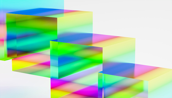 group of rainbow colored cubes in a row of a 3d rendered image with white background, side view