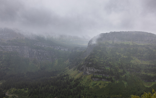 Fog and rain creating moody conditions in the Mountains of Glacier National Park, Montana.