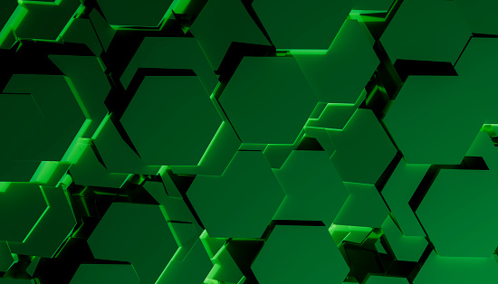 group of green hexagons in a three-dimensional digital image rendered in front view