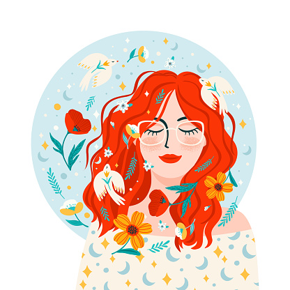 Illustration with woman, flowers and birds. Vector design concept for International Women s Day and other use