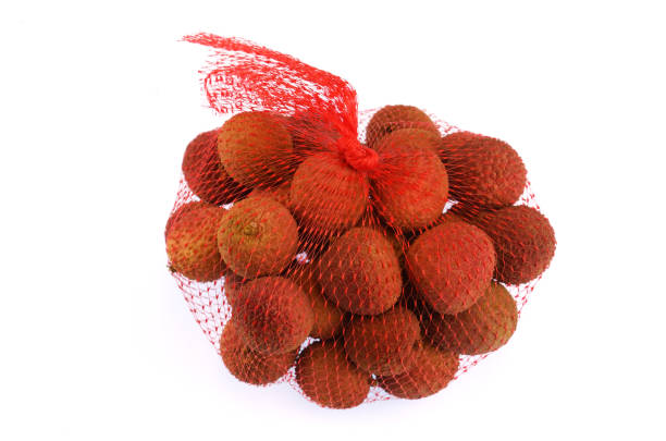 fresh litchi in bag isolated on white background