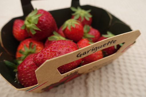 Gariguette strawberries in cardboard food packaging  Market stall