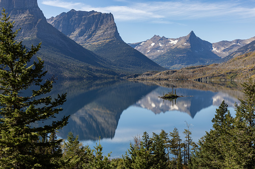 Beautiful afternoon in Glacier National Park with a greta view of Goose Island and St Mary lake