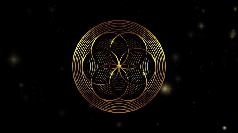 Video animation gold shiny Flower of Life in motion. Golden Lotus Sacred geometry in the moving galaxy, starry background. Model for TV show, intro, movie, stage design. Black universe cosmic space