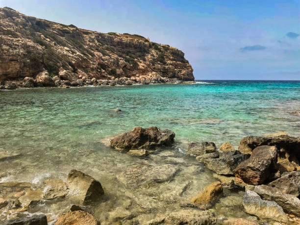 view of the sea and cliffs from Cala en Baster Formentera Island Mediterranean Sea