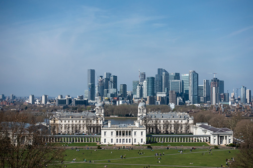 View of the Old Royal Naval College, Canary Wharf and the Isle of Dogs from the Royal Greenwich Observatory, London, England