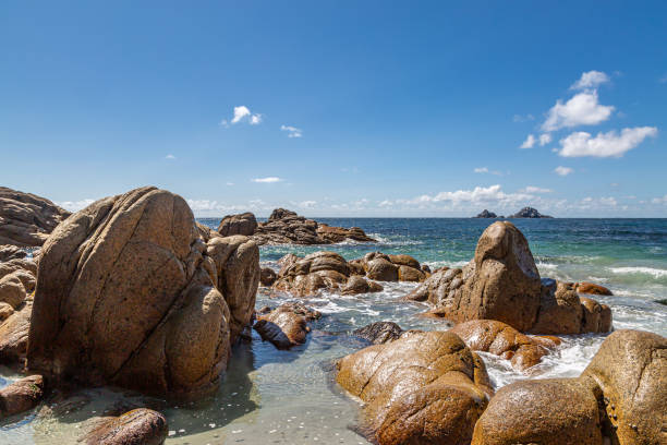 The rugged coast at Porth Nanven in Cornwall, on a warm summer's day