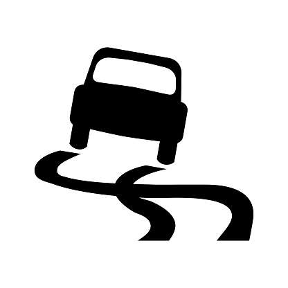 Slippery road icon. Skidding car symbol. Vector illustration of skid risk symbol isolated on white background. High risk of accident, crash.