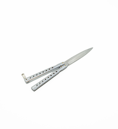 butterfly knife open, silver, isolated on white background, copy space