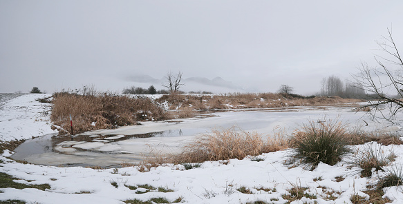 Pitt River Dike near the Grant Narrows Regional Park during a snowy winter season in Pitt Meadows, British Columbia, Canada.