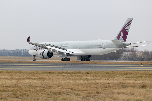PRAGUE - November 25, 2021: Qatar airways Airbus A350-1041 REG A7-ANO at Vaclav Havel Airport Prague. Airbus A350-1041 at Prague Airport for the very first time. From DOHA to Prague. Qatar Airways is the flag carrier of Qatar.