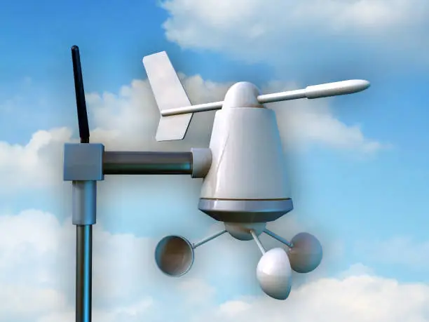 Wireless anemometer measuring intensity and direction of winds. Digital illustration, 3D render.