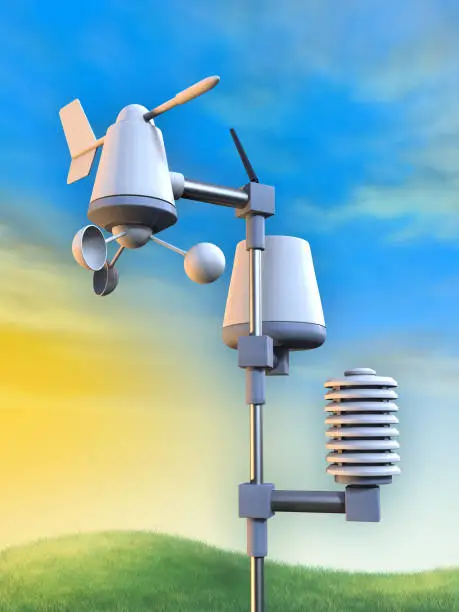 Wireless weather station including an anemometer, a pluviometer and a temperature sensor. Digital illustration, 3D render.