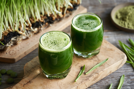 Two glasses of homemade barley grass juice with freshly grown barleygrass blades, powder and tablets