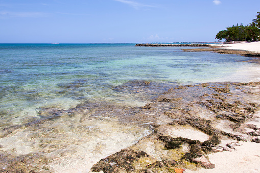 The scenic view of Seven Mile Beach rocky shore on Grand Cayman island (Cayman Islands).
