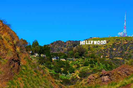 Los Angeles, California - February 1, 2023: Hollywood Sign and Communications Tower in the Beachwood Canyon Area