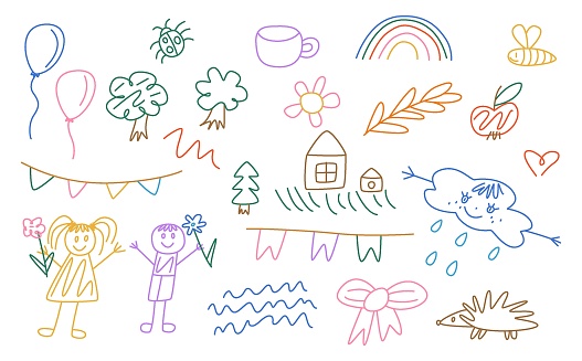 Cute hand drawn doodle vector set. Colorful collection of leaf, scribble, animal, flower, sun, rainbow, cloud, dessert. Adorable creative design element for decoration, ads, prints, branding.
